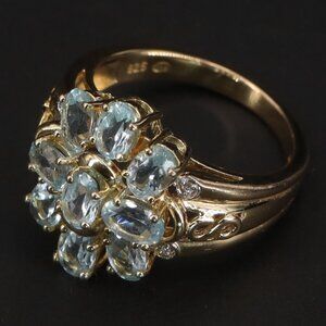 Gold over 925 Aquamarine Cluster Flower Ring - Light Blue Gemstone